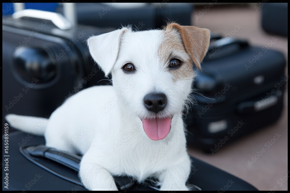 A small, cheerful dog sits on top of black suitcases, enjoying the excitement of travel. The lively canine has a playful expression and is surrounded by several pieces of luggage.