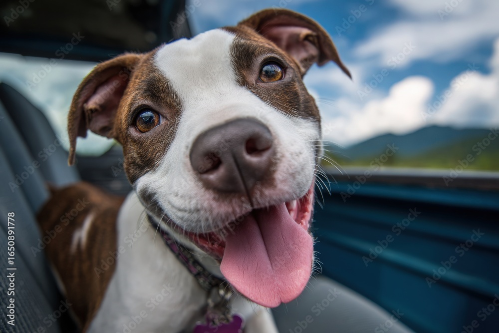 A cheerful dog with distinctive brown and white fur sits in the front seat of a truck, sticking its tongue out joyfully. The background features a beautiful landscape under a bright blue sky.