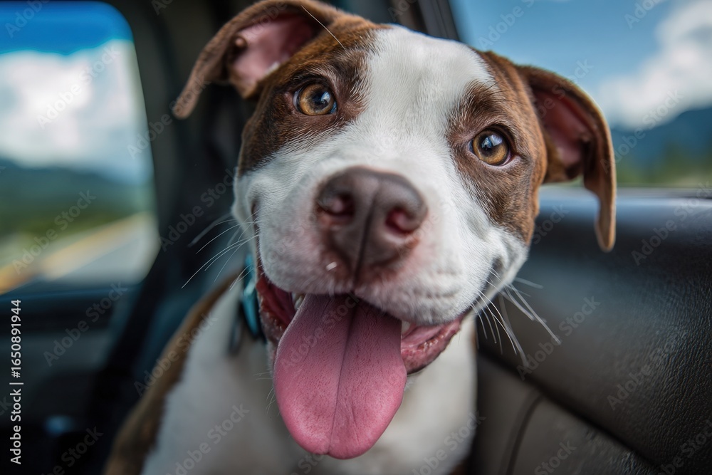 A joyful dog with a brown and white coat leans out of a car window. Sunlight illuminates its smiling face as it enjoys a scenic drive through mountainous terrain.