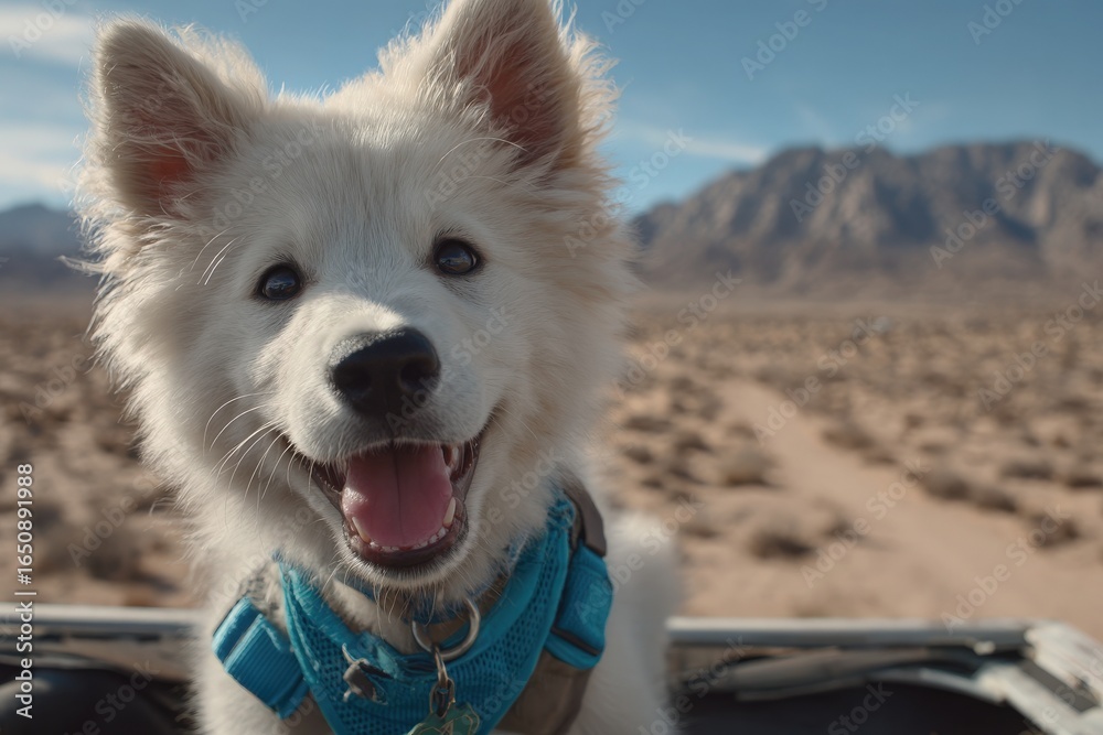 A cheerful puppy with fluffy white fur sits in the open back of a vehicle, grinning widely. The expansive desert landscape features rocky mountains under a clear blue sky.