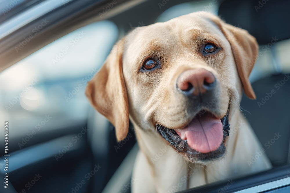 A cheerful labrador retriever sits in a car, looking out the window with its mouth open, tongue hanging out. The sun is shining, and the background features blurred vehicles.