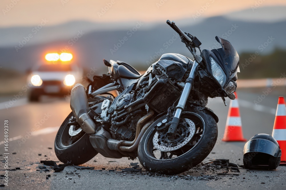 A motorcycle lies on its side on the highway, damaged after an accident. Traffic cones mark the area while an emergency vehicle approaches, with a sunset backdrop illuminating the scene.
