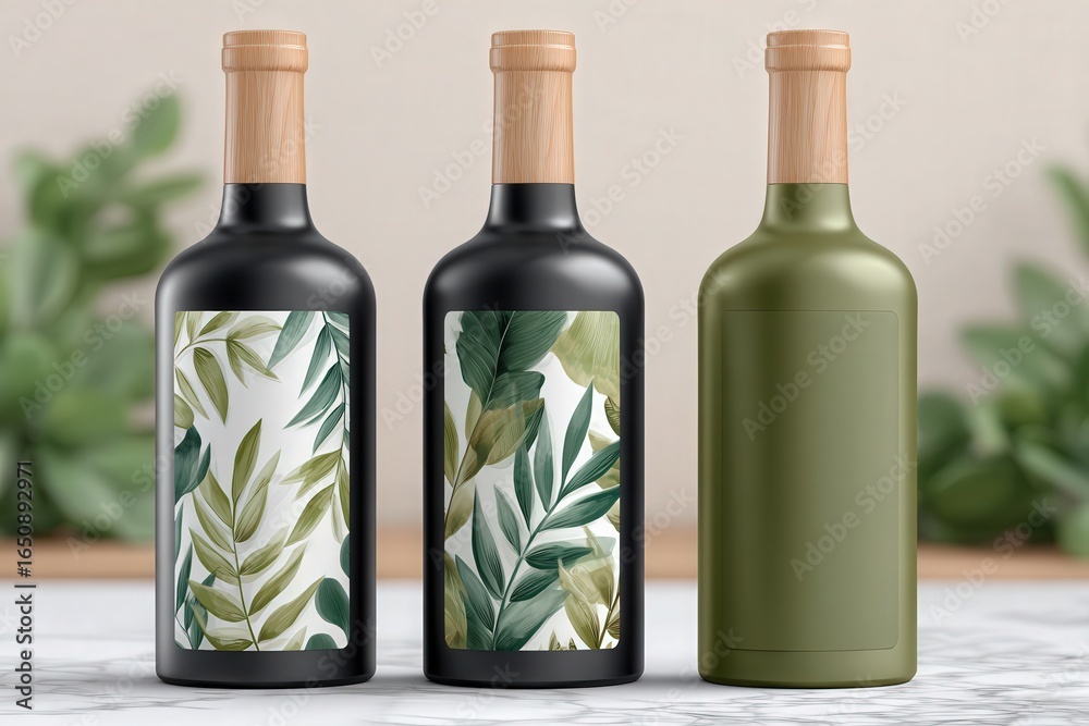 Three glass bottles with unique botanical designs stand against a backdrop of greenery. The sleek shapes and natural colors add a touch of sophistication to any decor.
