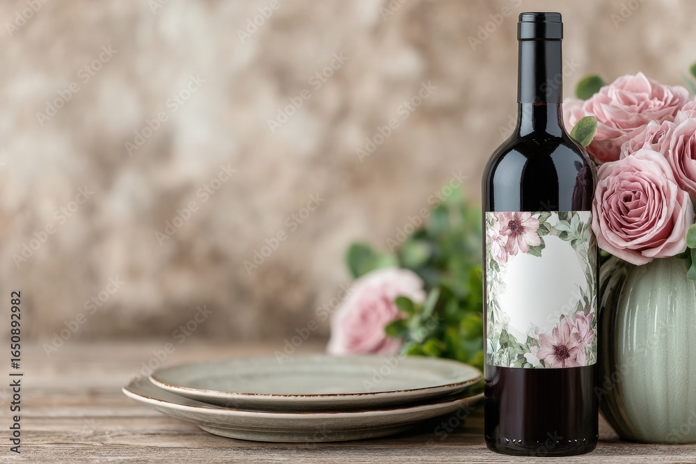 A wine bottle with a floral label stands beside a bouquet of pink roses and decorative plates on a rustic wooden surface, creating a charming and inviting atmosphere for a gathering.