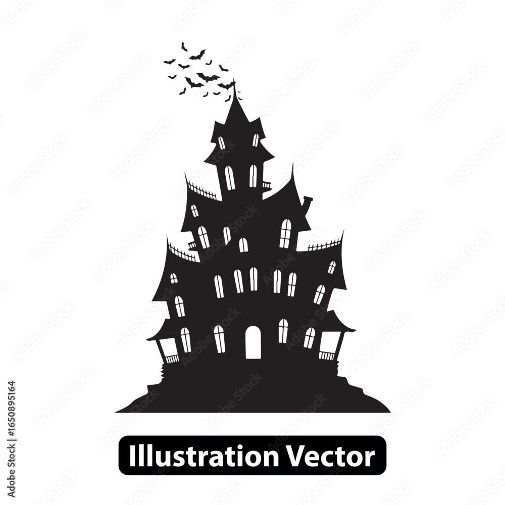 Silhouette of a Haunted House with Bats Flying, Illustration Vector ...