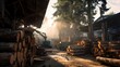 © afrah - Timber processing yard with sawmills and piles of logs, dust motes dancing in shafts of sunlight