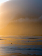 Wall Mural - Mud flat view with mountain covered by fog.