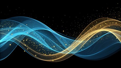 a blue and gold wavy line with sparkles on a black background