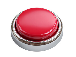 Close up of a single red button with a silver metallic border on a isolated on transparent background
