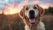 © Dulemegapixel - A heartwarming image of a golden retriever dog gleefully posed in a field during sunset, showcasing its joyful expression against a beautiful sky backdrop.