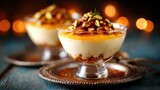 An indulgent dessert features creamy layers topped with crunchy pistachios, served elegantly in glass, perfect for gourmet food enthusiasts and dessert lovers alike.