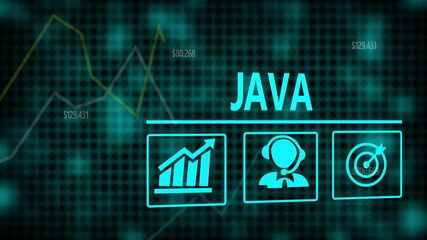 Java business concept on a flashing computer monitor with moving graphs and data.