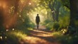 © Sona - A person walking along a forest trail with trees and sunlight, creating a peaceful and natural scene.