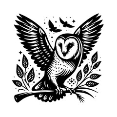 barn owl perched on a branch with wings spread, illustration