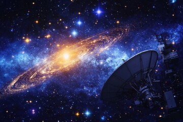 Wall Mural - Cosmic exploration with a satellite observing the distant galaxy and vibrant stars