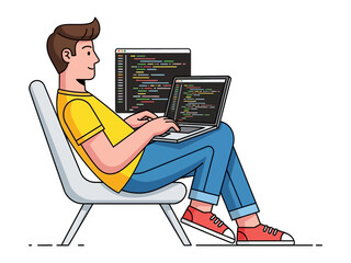 Coding the future: A programmer at work. A programmer diligently coding on laptop, another monitor displays code to enhance efficiency. Embracing technology to innovate
