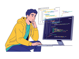 Code Mastermind: A focused individual diligently engaged in the process of coding and programming on a computer. The image captures a moment of intense concentration and intellectual exploration.