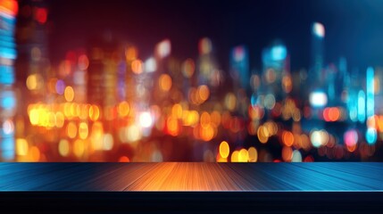 Wall Mural - blurred city skyline at night with illuminated buildings and a wooden table in the foreground