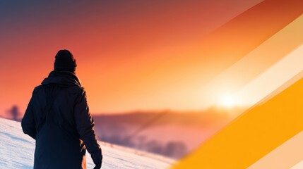 Wall Mural - person in winter attire gazing at a vibrant sunset over a snowy landscape, evoking tranquility and r
