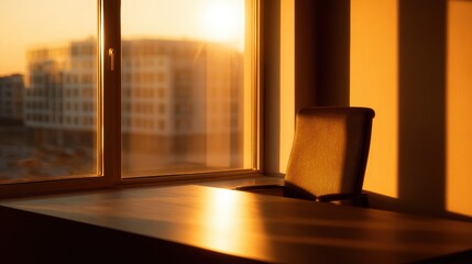 Wall Mural - Serene office scene at sunset with a lone chair by the window, casting warm light across the desk