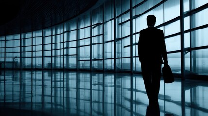 Wall Mural - silhouette of a businessman walking through a modern, glass-walled corridor in an urban setting