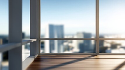 Wall Mural - Modern office interior with panoramic city view, sunlight streaming through large windows, serene atmosphere