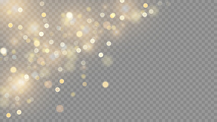 Wall Mural - Golden dust light png. Christmas glowing bokeh confetti and sparkle overlay texture for your design. Stock royalty free vector illustration. PNG	