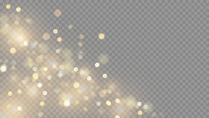 Wall Mural - Golden dust light png. Christmas glowing bokeh confetti and sparkle overlay texture for your design. Stock royalty free vector illustration. PNG	