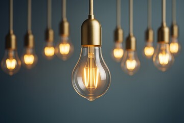Wall Mural - glowing hanging light bulbs with brass sockets on dark blue background signifying creative ideas and