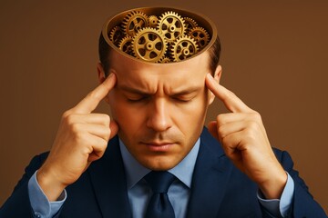 Wall Mural - businessman focusing with mechanical gears inside his head symbolizing thinking process and innovati