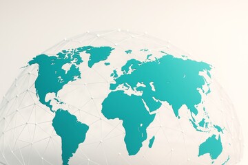 Wall Mural - abstract teal world map on white geometric globe mesh with light background for creative business co