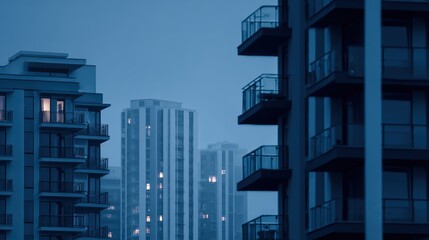 Wall Mural - Urban skyline at dusk with modern buildings illuminated, showcasing a tranquil evening atmosphere