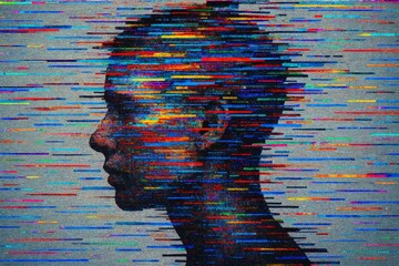 Wall Mural - abstract profile silhouette of human face made of colorful digital glitch lines on gray background, 