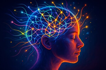 Wall Mural - human head with colorful neural network and glowing connections symbolizing brain activity and creat