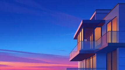 Wall Mural - Modern apartment building at sunset with vibrant sky and soft clouds, showcasing a serene evening scene