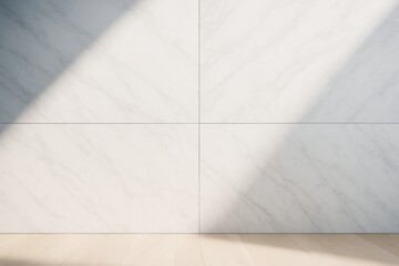 Wall Mural - minimalist marble wall with soft sunlight casting shadows on light wooden floor, clean elegant backg