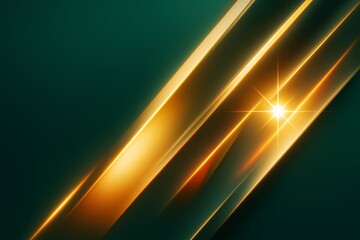 Wall Mural - shiny golden diagonal light beams with starburst effect on dark green background, abstract luxury mo