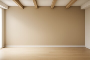 Wall Mural - Empty beige interior room with wooden floor and beams, sunlight from window casting soft shadows, minimal clean design for copy space or mockup template.