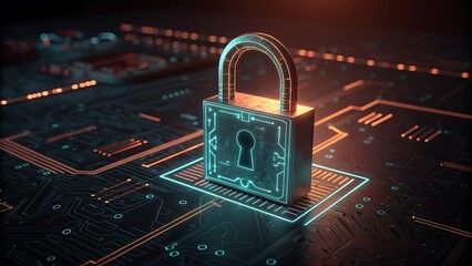 Padlock on glowing circuit board for digital security concept. Suitable for tech, cybersecurity, internet safety related projects, web design themes.