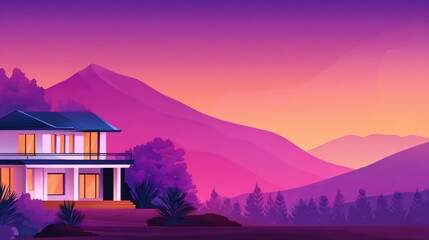 Wall Mural - Serene sunset over a modern house nestled in vibrant mountains, showcasing nature's beauty and tranquility