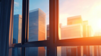 Wall Mural - modern city skyline at sunset viewed through a large glass window, showcasing urban architecture and