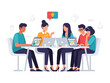 © Abdul - Workplace Dynamics: Dynamic vector illustration of a vibrant office setting, where a collaborative group engages in brainstorming, with laptops at the ready and a lively exchange of ideas.