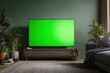 © Marina Demidiuk - Television green screen. Interior of a living room. TV Media Entertainment center mockup. Digital Display showing blank green background. Modern TV chroma key template. Luxury Cozy home. Online cinema