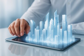 Wall Mural - futuristic digital city skyline emerging from tablet held by hand, symbolizing smart urban planning 