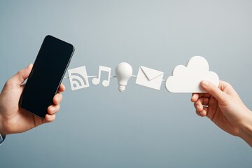 Wall Mural - smartphone and cloud data sharing concept with icons of media, email, and light bulb between hands o