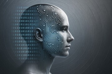 Wall Mural - futuristic human face merged with digital binary code and circuit board elements on dark abstract ba