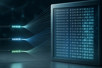 Wall Mural - digital binary data flowing into a monitor screen representing information technology and data trans