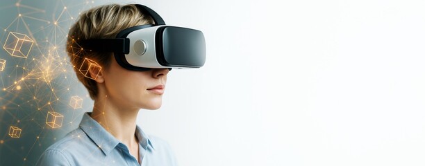 Wall Mural - woman using virtual reality headset with digital network cubes on light background, ideal for tech p