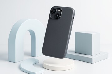 Wall Mural - dark phone case mockup floating on white pedestal with abstract geometric shapes on light background