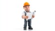 © Sergei - Smiling 3D cartoon construction worker holding a blueprint against a plain white background with copy space